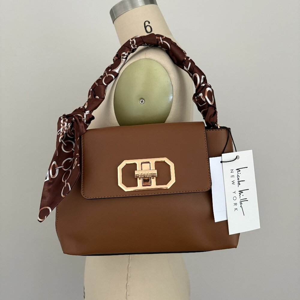 Nicole Miller New York Women's  Shoulder Bag Tan Scarf Accent Quiet Luxury Chic